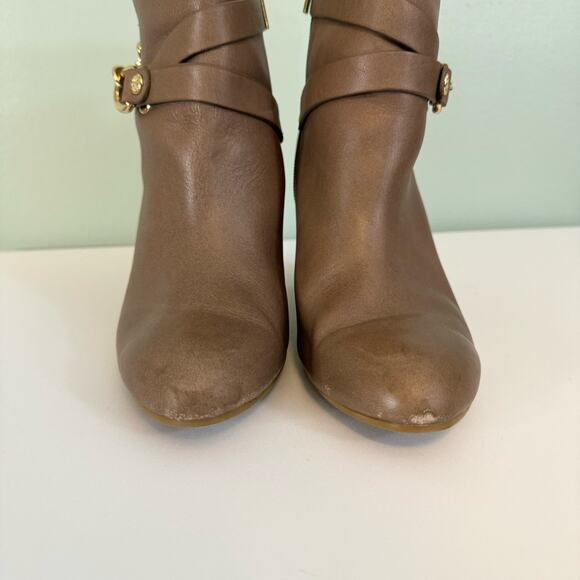 Isola Colleen Ankle Moto Boots Women 7.5 Brown Harness Leather Almond Block Heel - Picture 4 of 11